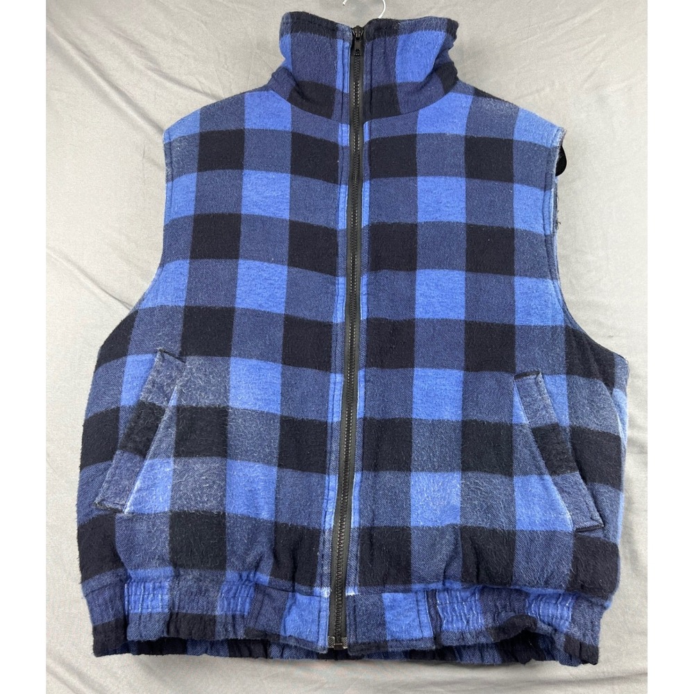 Woodland Buffalo Plaid Puffer Vest Mens Medium Blue Black Quilted Cotton Fair